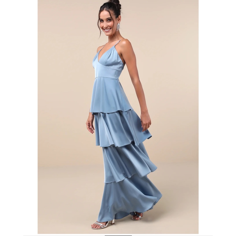 Lulus Going with Elegance V-Neck Slate Blue Satin A-Line Tiered Maxi Dress XL